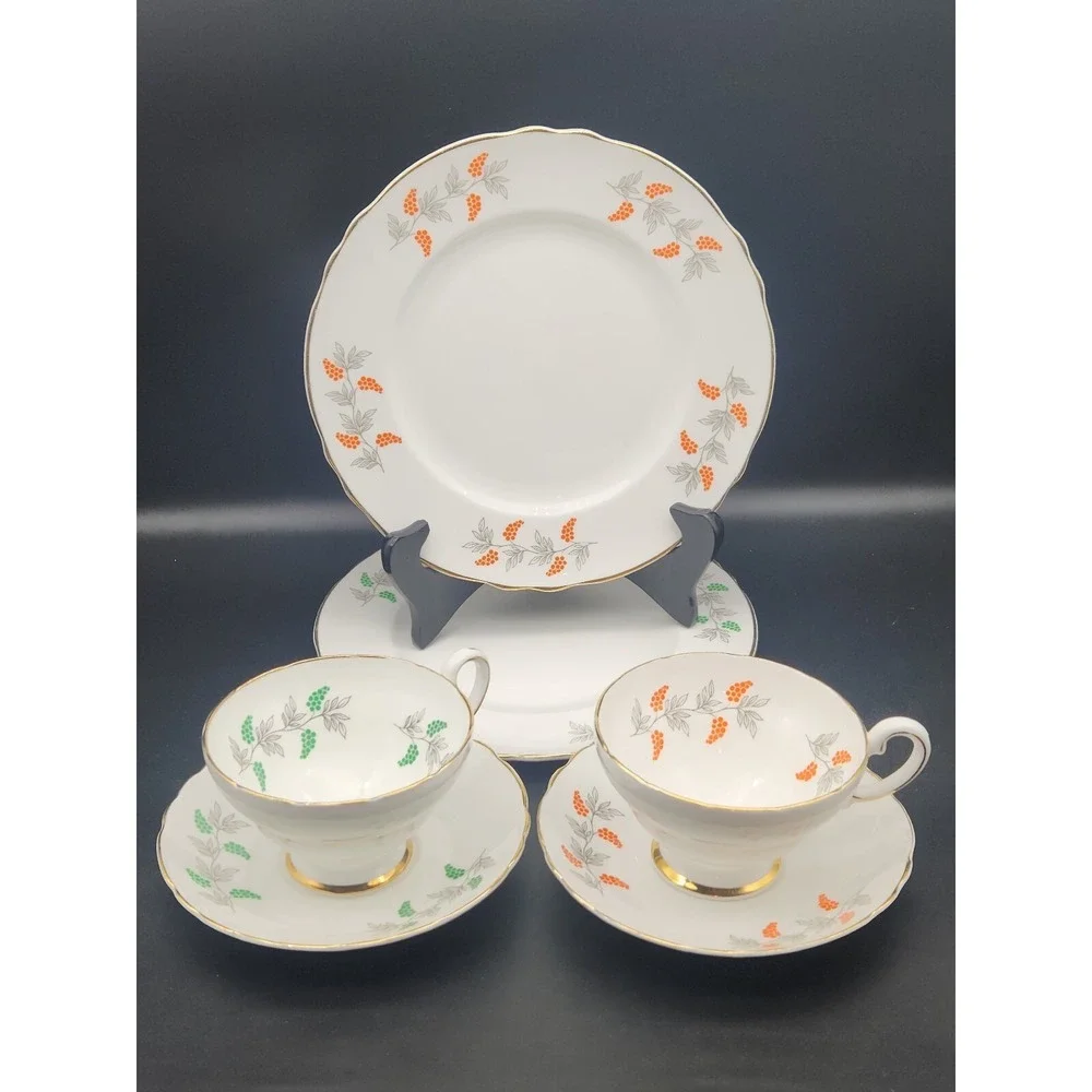 Set Of 2 Tea Cups, Saucers, Salad Plates Crown Staffordshire England Bone China
